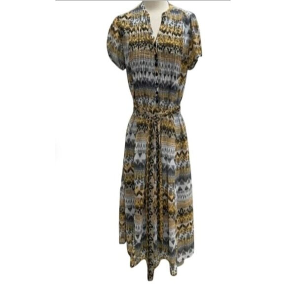 Robert Louis Womens Mustard & Ivory Geometric Print Button-Front Midi Dress With - Picture 2 of 11